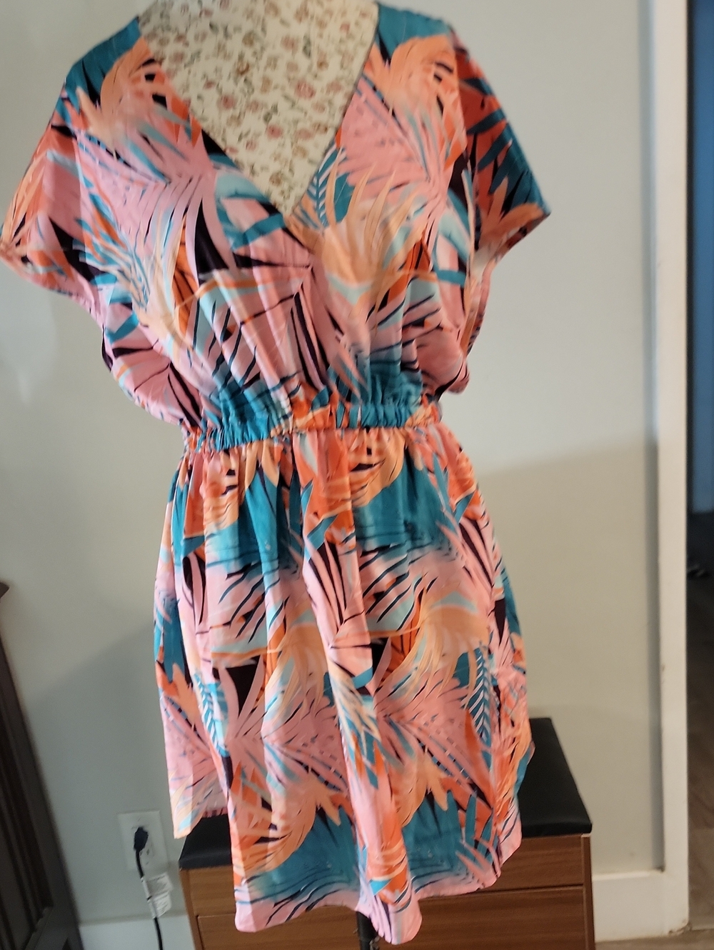 WOMENS Tropical Print Elastic-Waist DRESS - Pink & Teal